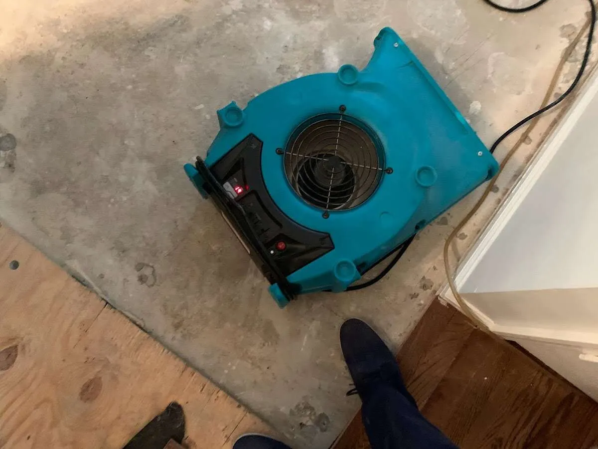 Air mover drying subfloor during Leak Detection & Repair in Bacliff